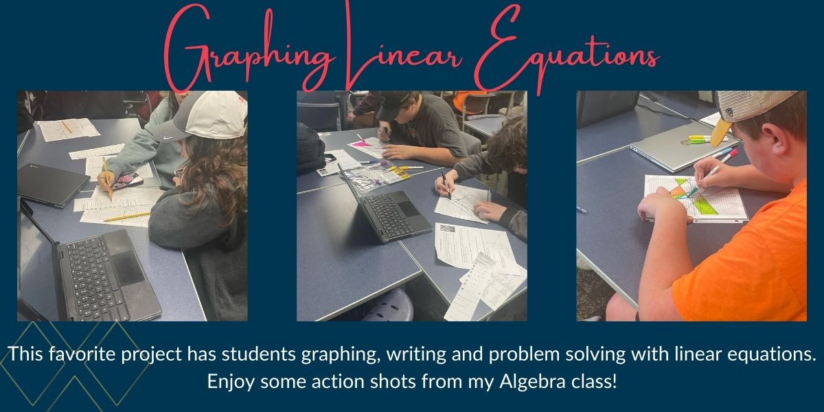 Three pictures of students actively working on their linear equations project
