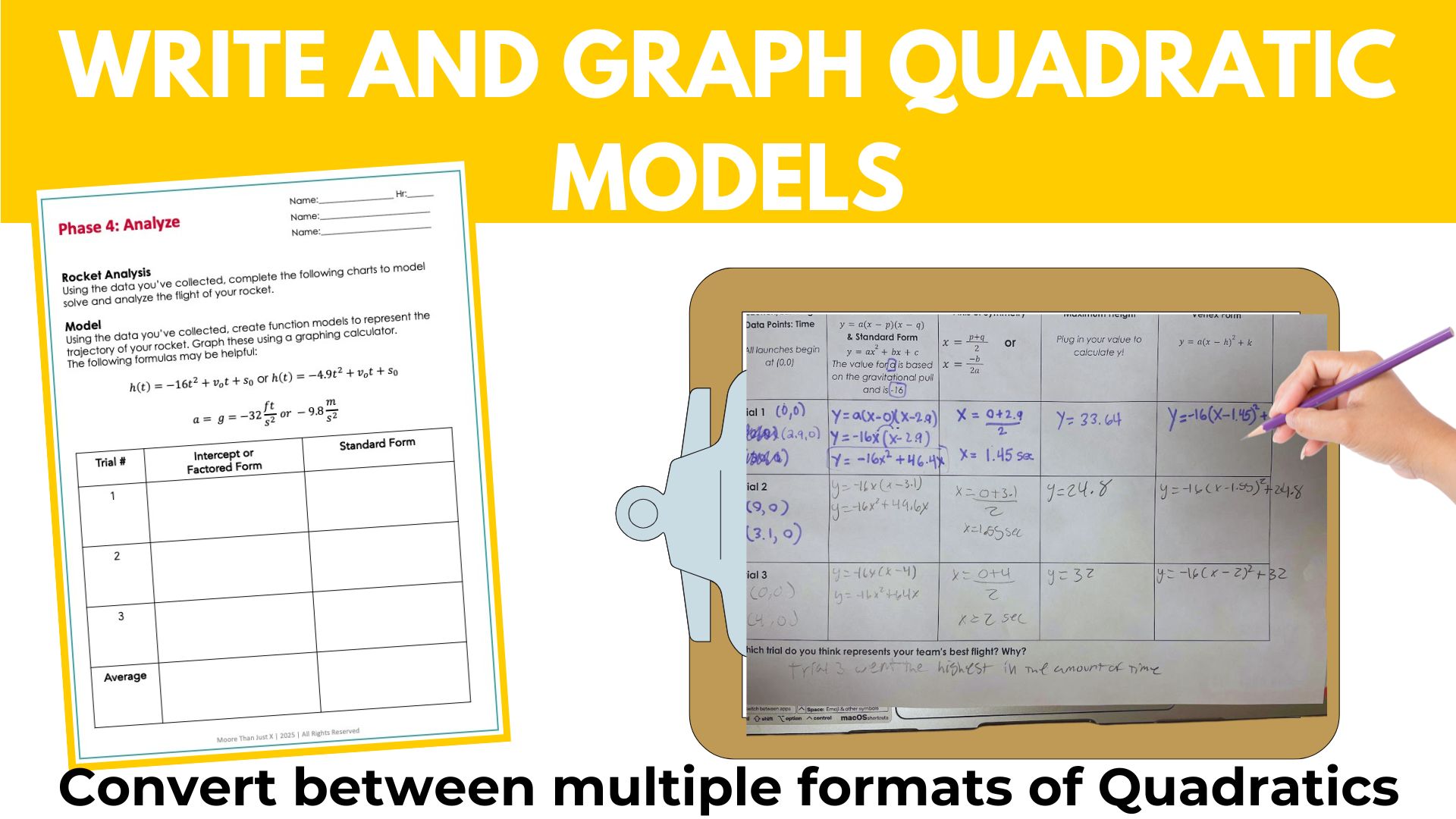 Student worksheet showing quadratic equations written in vertex form and a table for analyzing key features.